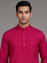 Rani pink embroidered cotton linen Chinese collar kurta for mens