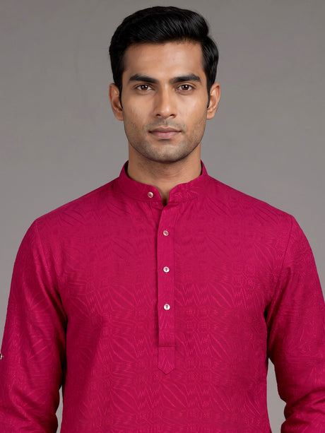 Rani pink embroidered cotton linen Chinese collar kurta for mens
