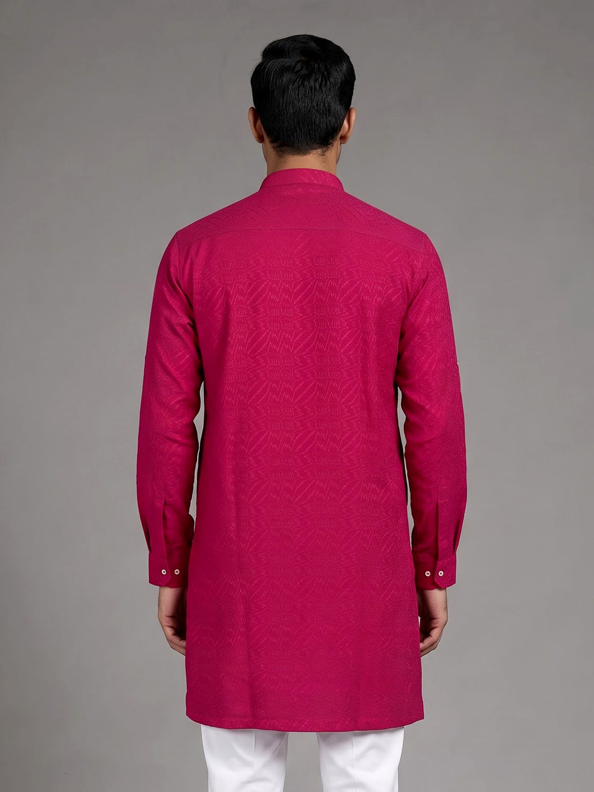 Rani pink embroidered cotton linen Chinese collar kurta for mens