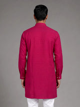 Rani pink embroidered cotton linen Chinese collar kurta for mens