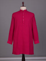 Rani pink embroidered cotton linen Chinese collar kurta for mens
