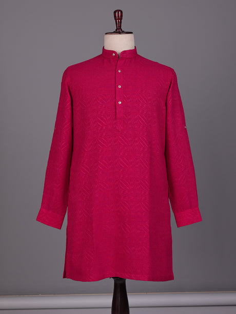 Rani pink embroidered cotton linen Chinese collar kurta for mens