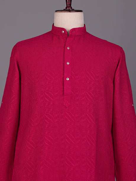 Rani pink embroidered cotton linen Chinese collar kurta for mens