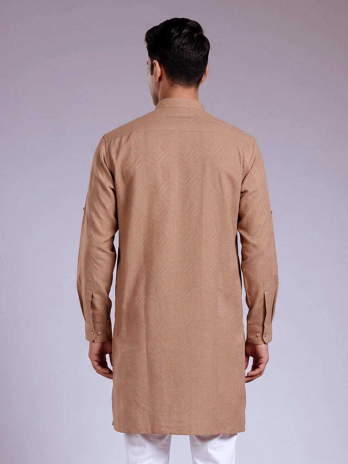 Camel beige embroidered cotton linen Chinese collar kurta for mens