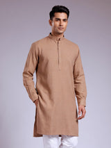 Camel beige embroidered cotton linen Chinese collar kurta for mens