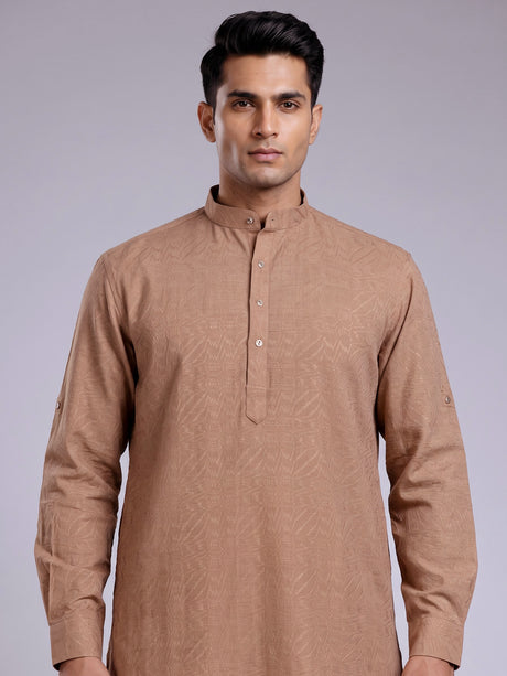 Camel beige embroidered cotton linen Chinese collar kurta for mens