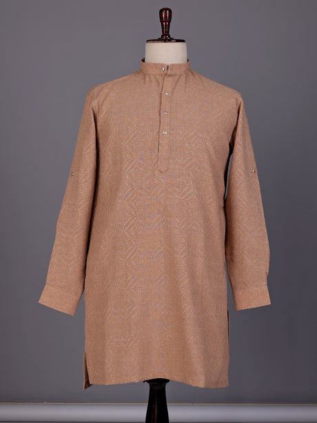 Camel beige embroidered cotton linen Chinese collar kurta for mens