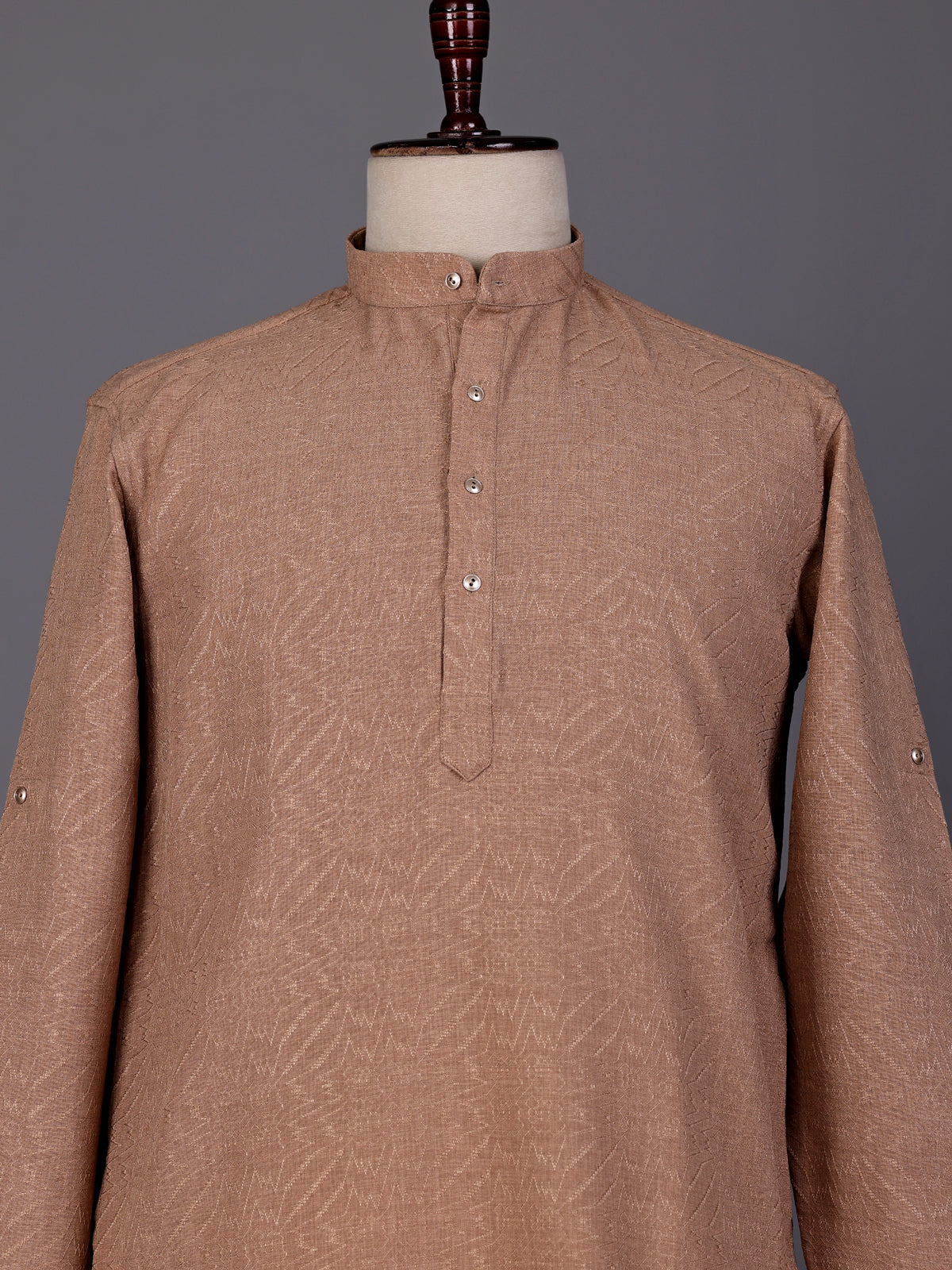Camel beige embroidered cotton linen Chinese collar kurta for mens
