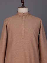 Camel beige embroidered cotton linen Chinese collar kurta for mens