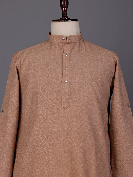 Camel beige embroidered cotton linen Chinese collar kurta for mens