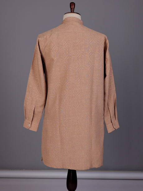Camel beige embroidered cotton linen Chinese collar kurta for mens