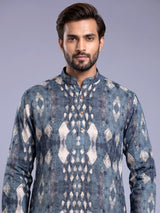 Stone grey printed silk Chinese collar kurta for mens