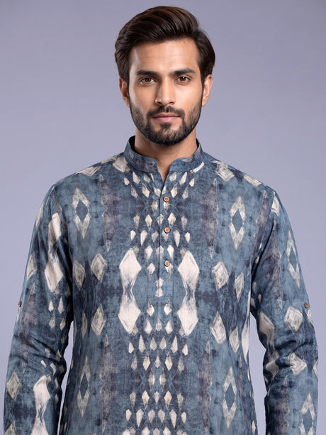 Stone grey printed silk Chinese collar kurta for mens