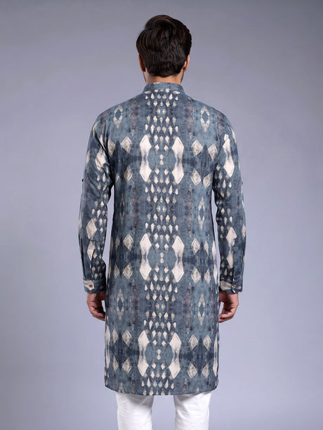 Stone grey printed silk Chinese collar kurta for mens
