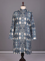 Stone grey printed silk Chinese collar kurta for mens