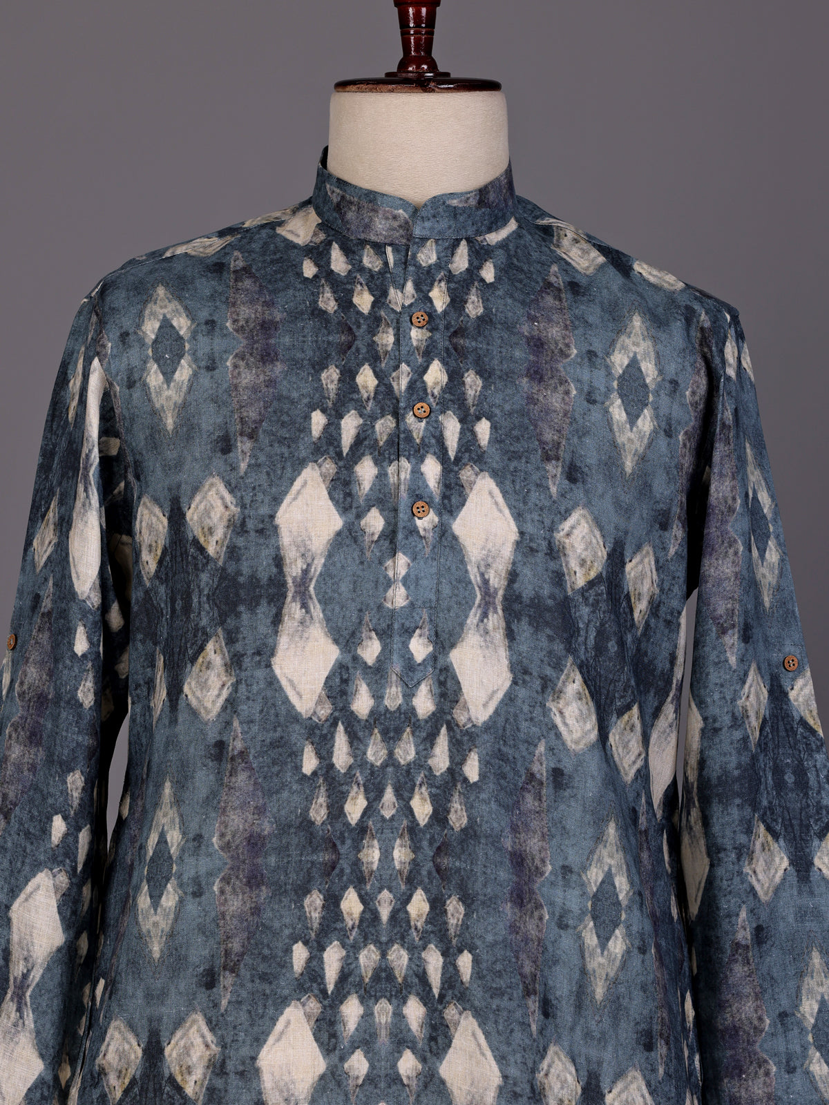 Stone grey printed silk Chinese collar kurta for mens