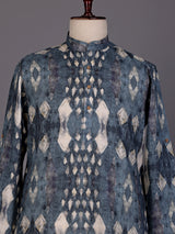 Stone grey printed silk Chinese collar kurta for mens