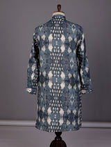 Stone grey printed silk Chinese collar kurta for mens