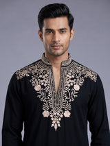 Black cream floral embroidered cotton blend kurta for mens