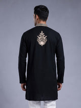Black cream floral embroidered cotton blend kurta for mens
