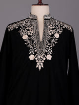 Black cream floral embroidered cotton blend kurta for mens
