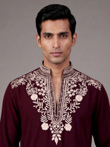 Wine cream floral embroidered cotton blend kurta for mens