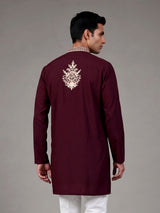 Wine cream floral embroidered cotton blend kurta for mens