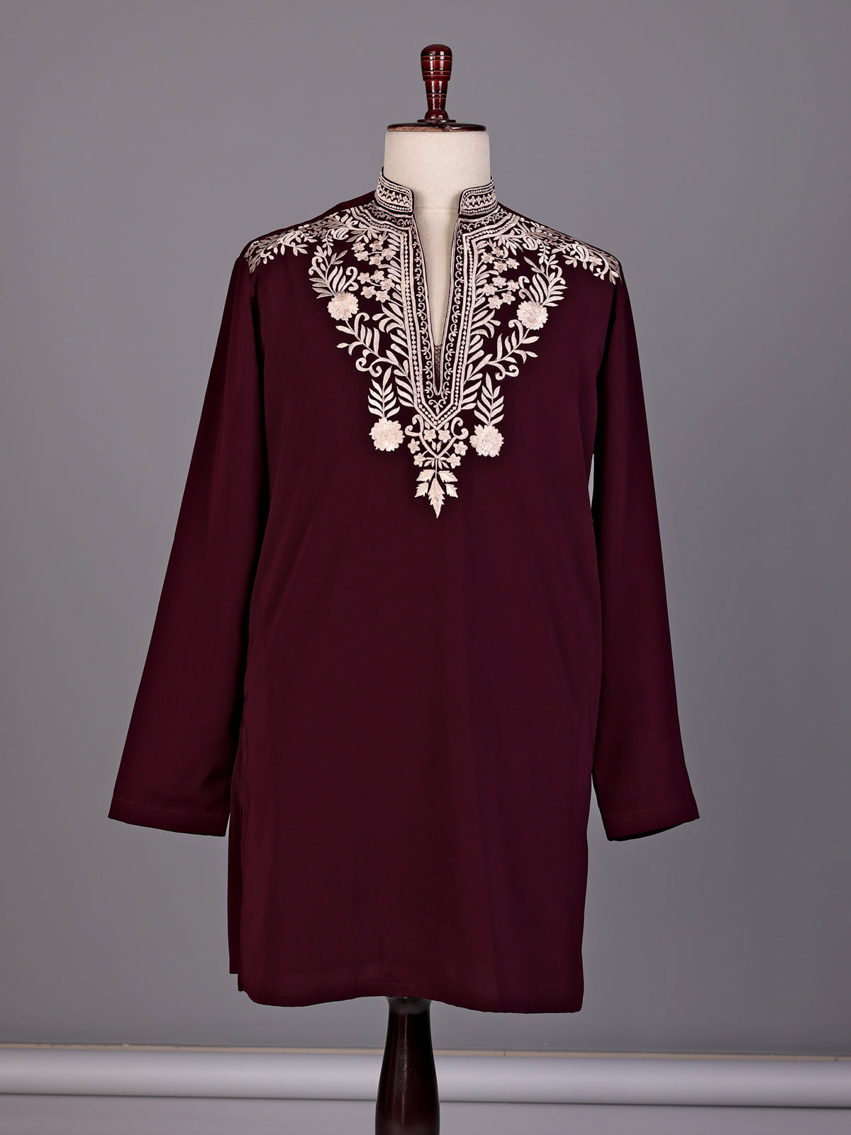 Wine cream floral embroidered cotton blend kurta for mens