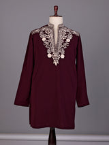 Wine cream floral embroidered cotton blend kurta for mens
