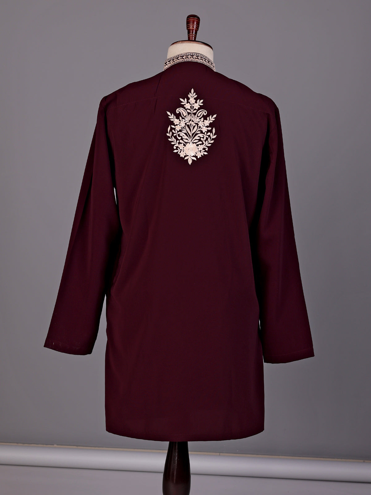 Wine cream floral embroidered cotton blend kurta for mens