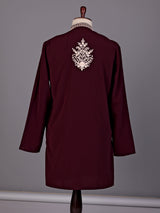 Wine cream floral embroidered cotton blend kurta for mens