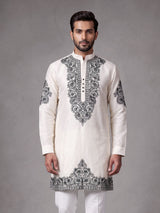 White Kashmiri floral thread poly cotton kurta for mens