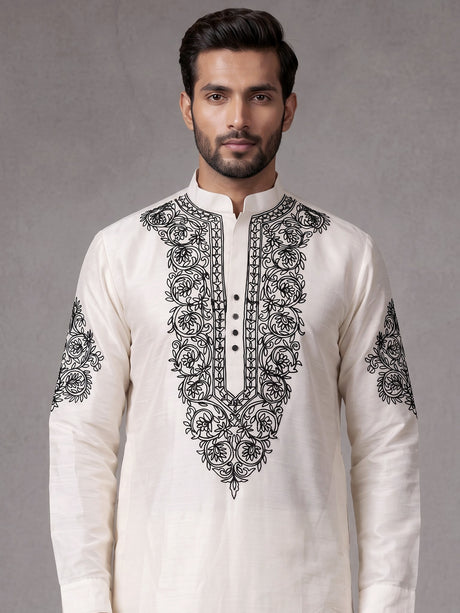 White Kashmiri floral thread poly cotton kurta for mens