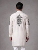 White Kashmiri floral thread poly cotton kurta for mens