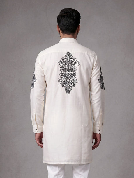 White Kashmiri floral thread poly cotton kurta for mens