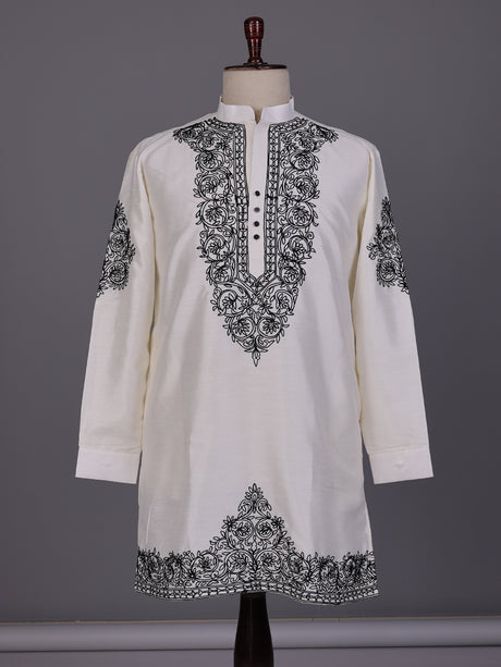 White Kashmiri floral thread poly cotton kurta for mens