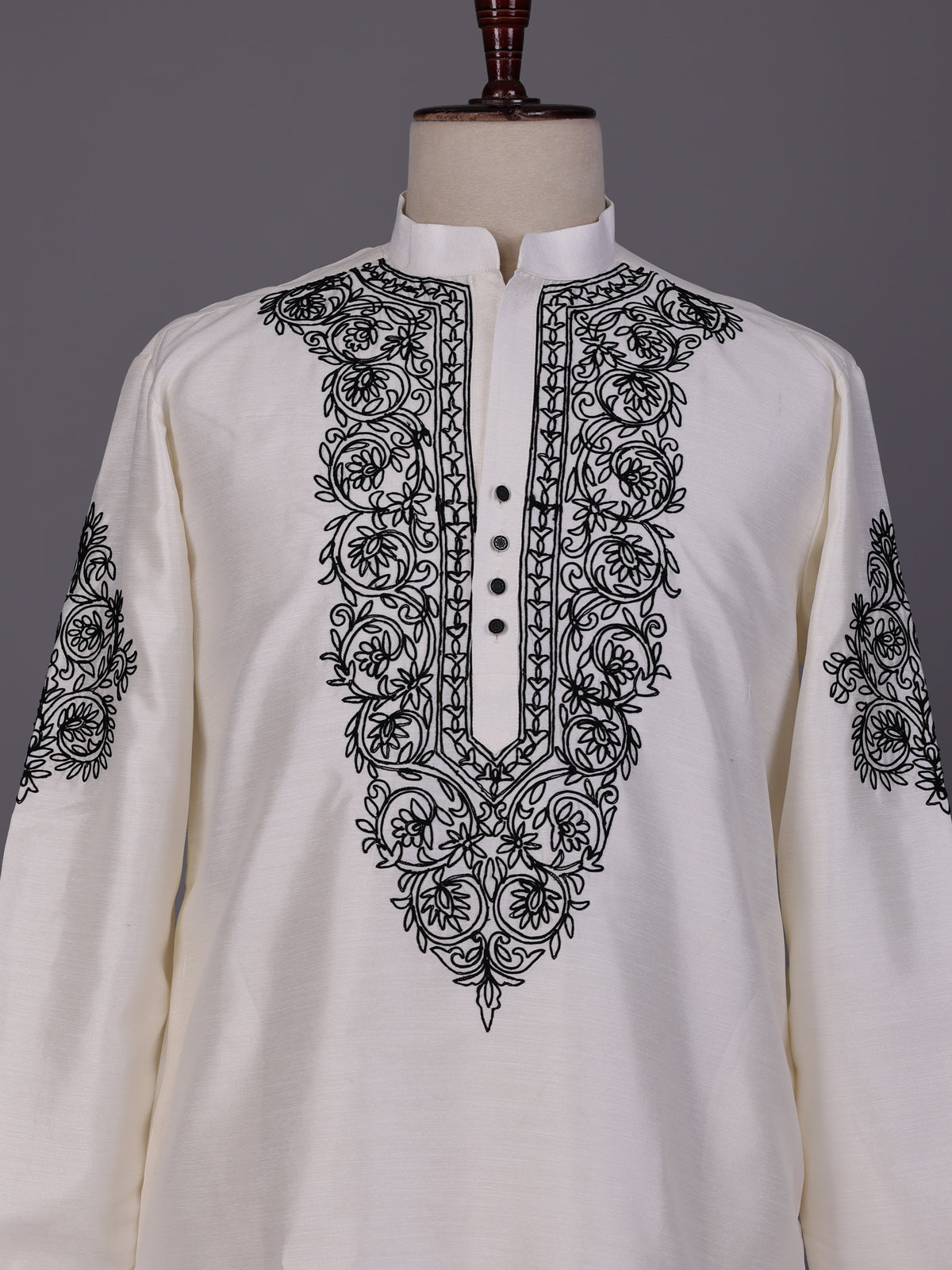 White Kashmiri floral thread poly cotton kurta for mens