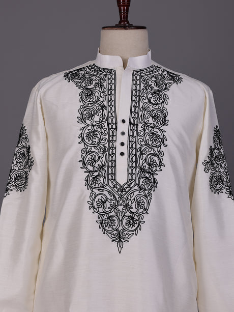 White Kashmiri floral thread poly cotton kurta for mens