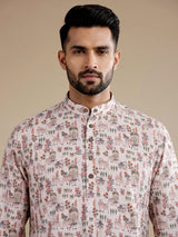 Beige cotton mens kurta suit with traditional floral vine print