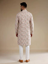 Beige cotton mens kurta suit with traditional floral vine print