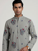 Grey cotton linen mens kurta suit with paisley floral embroidery