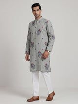 Grey cotton linen mens kurta suit with paisley floral embroidery