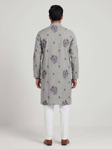 Grey cotton linen mens kurta suit with paisley floral embroidery