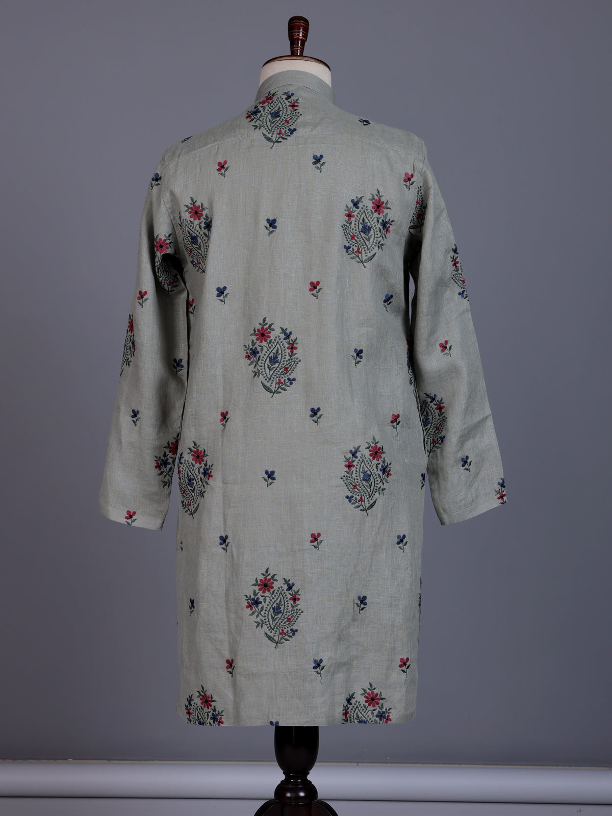 Grey cotton linen mens kurta suit with paisley floral embroidery