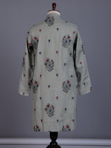 Grey cotton linen mens kurta suit with paisley floral embroidery