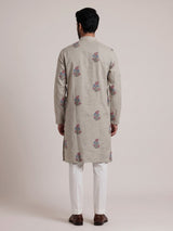 Light grey cotton linen mens kurta suit with pastel floral bootis