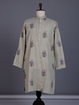 Light grey cotton linen mens kurta suit with pastel floral bootis