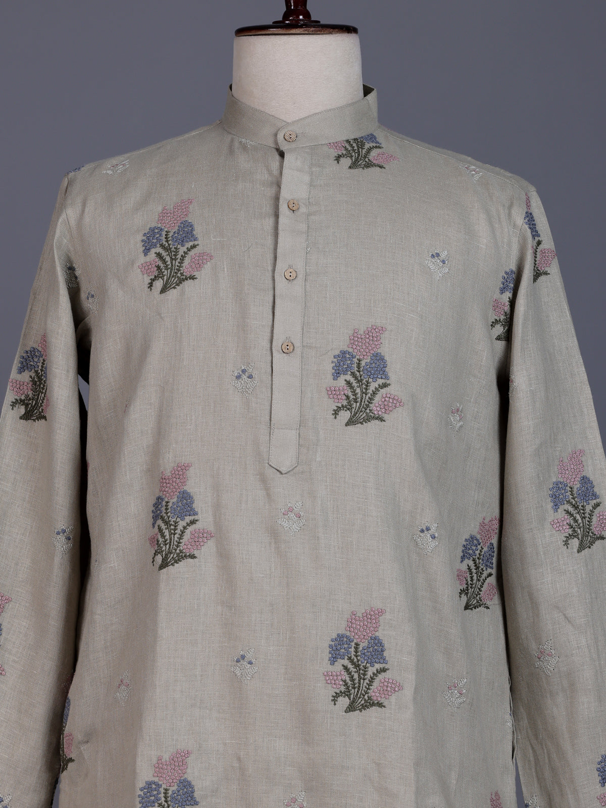 Light grey cotton linen mens kurta suit with pastel floral bootis