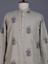 Light grey cotton linen mens kurta suit with pastel floral bootis
