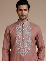 Peach cotton linen mens kurta suit with floral yoke embroidery
